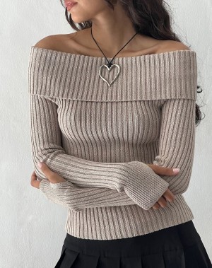 Zworki Motel Rocks Circe Off-shoulder Long Sleeve Knit Top Damskie Beżowe | HPW5432QV