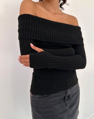 Zworki Motel Rocks Circe Off-shoulder Long Sleeve Knit Top Damskie Czarne | BDT3759OH