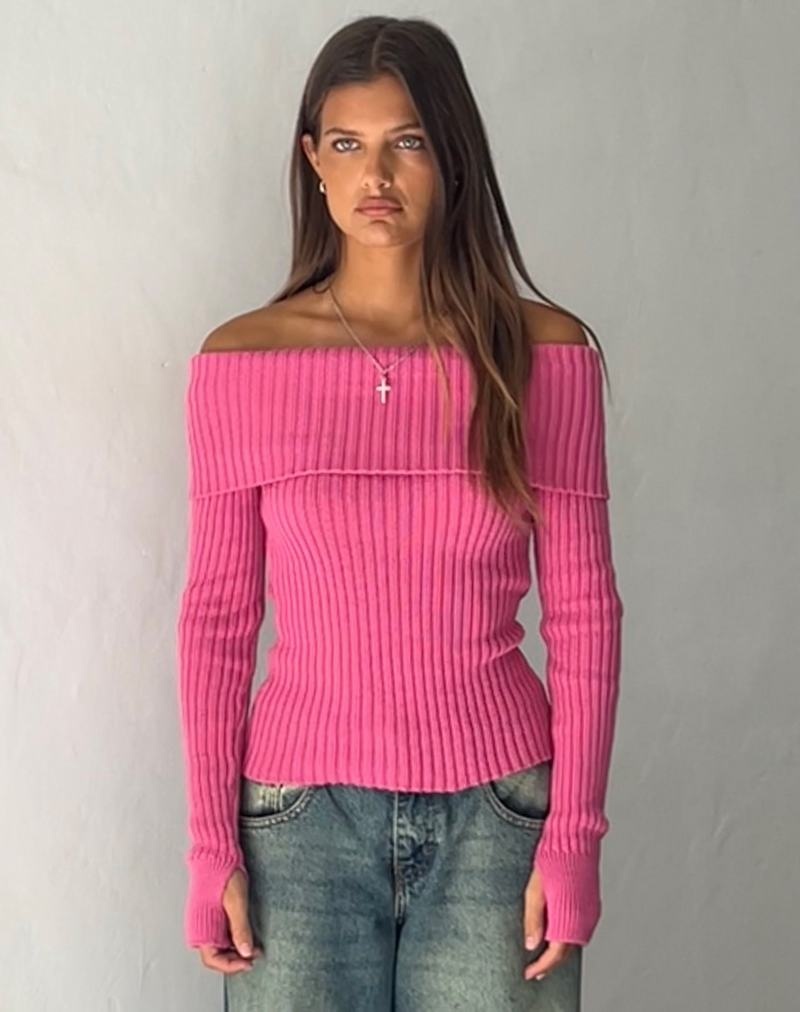 Zworki Motel Rocks Circe Off-shoulder Long Sleeve Knit Top Damskie Różowe | BKP1862RH